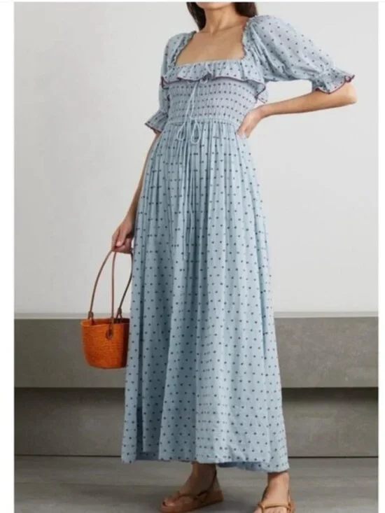 Doen Sol Blue RED Pol Ka Dot Ruffle Maxi Dress - Picture 2 of 8